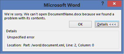 word document error message